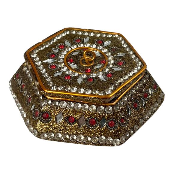 Vintage Jeweled Enameled TRINKET BOX & LID 3.5" Hexagon Jewelry Ring Salt Box - Picture 2 of 7
